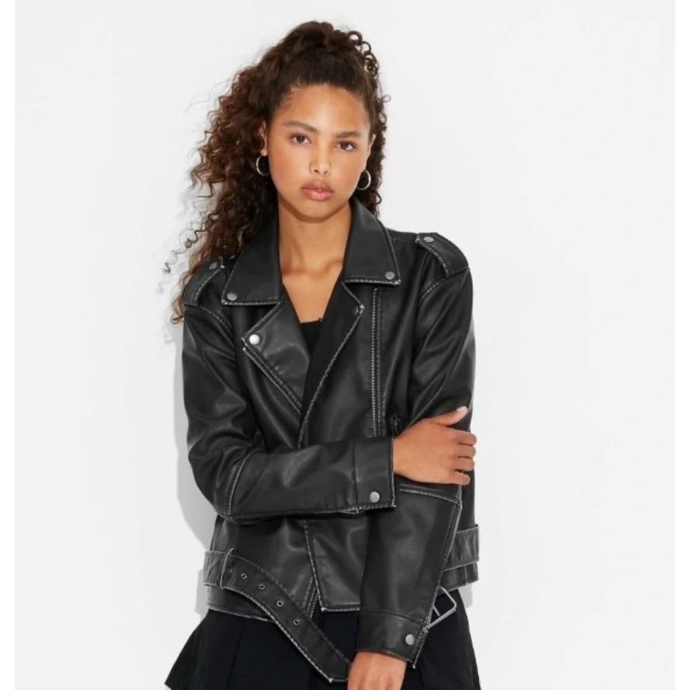 Wild Fable Womens Black Faux Leather Moto Biker Jacket Belted Size Small